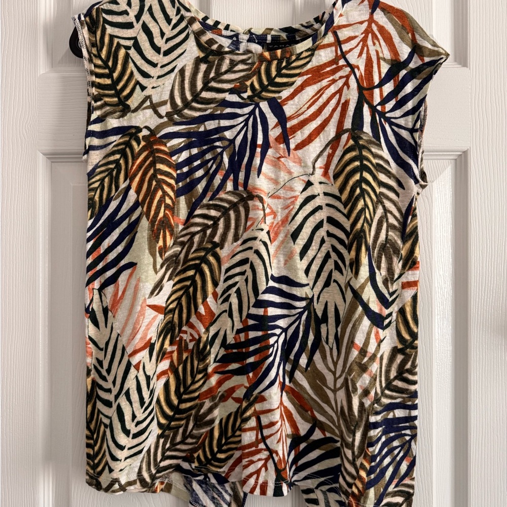 Tahari Cream Palm Leaf Tank with Navy, Rust & Olive Accents